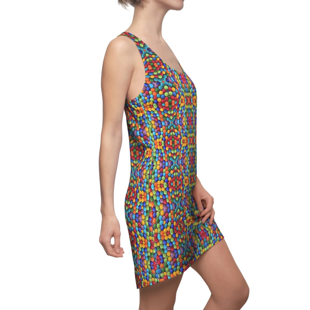 racerback style summer dress with a rainbow colored candy print
