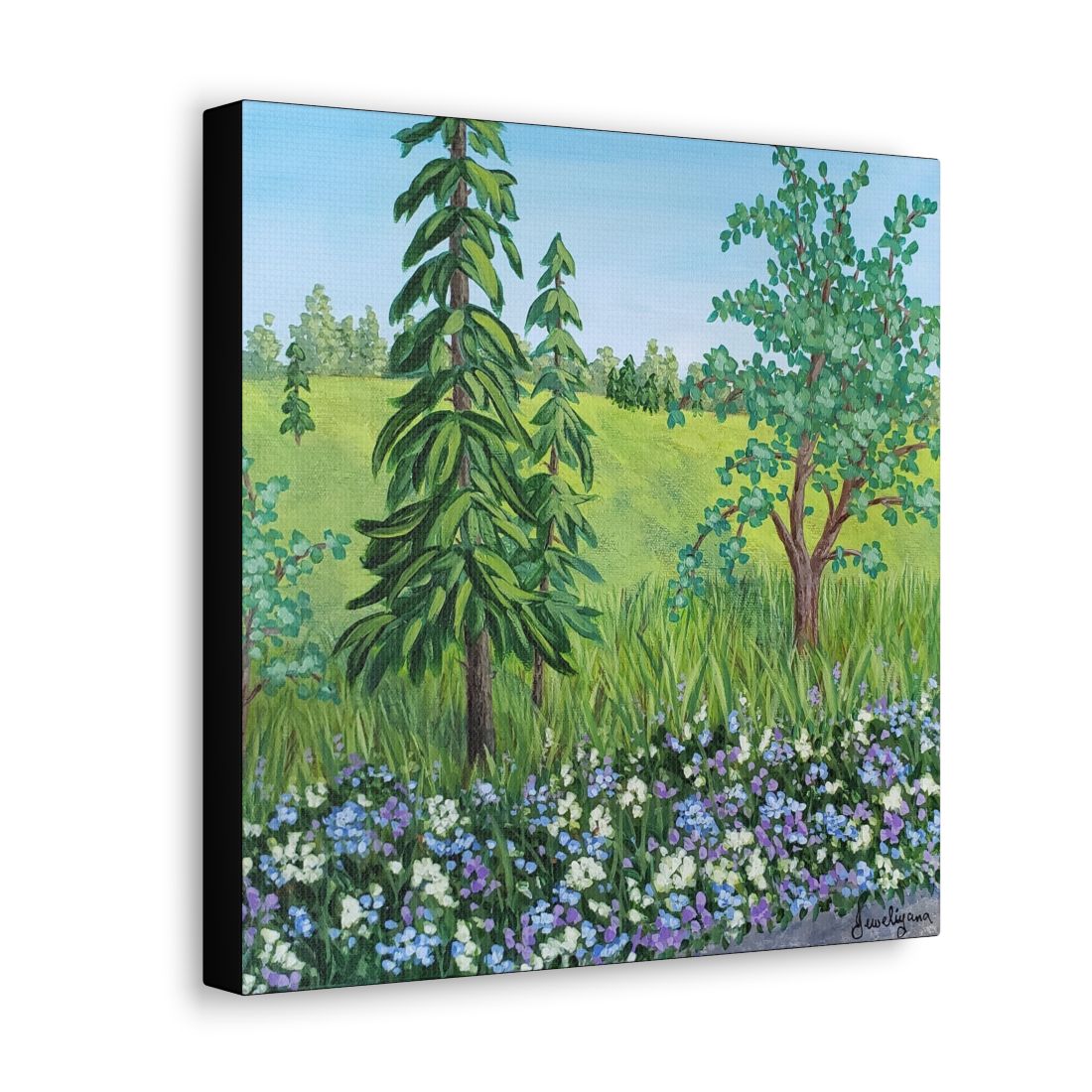 summer landscape painting of trees n flowers