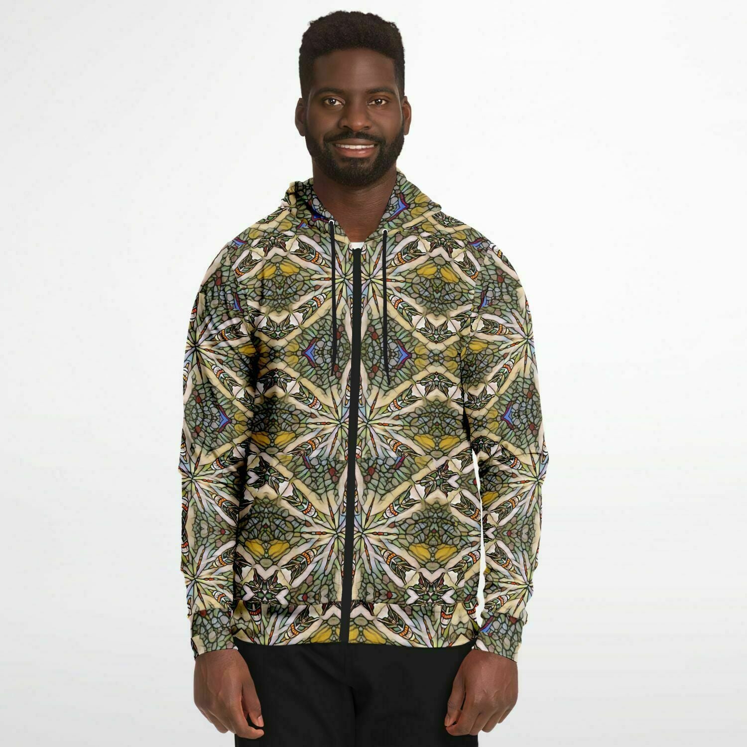 unisex fullzip hoodie shown on a man front view