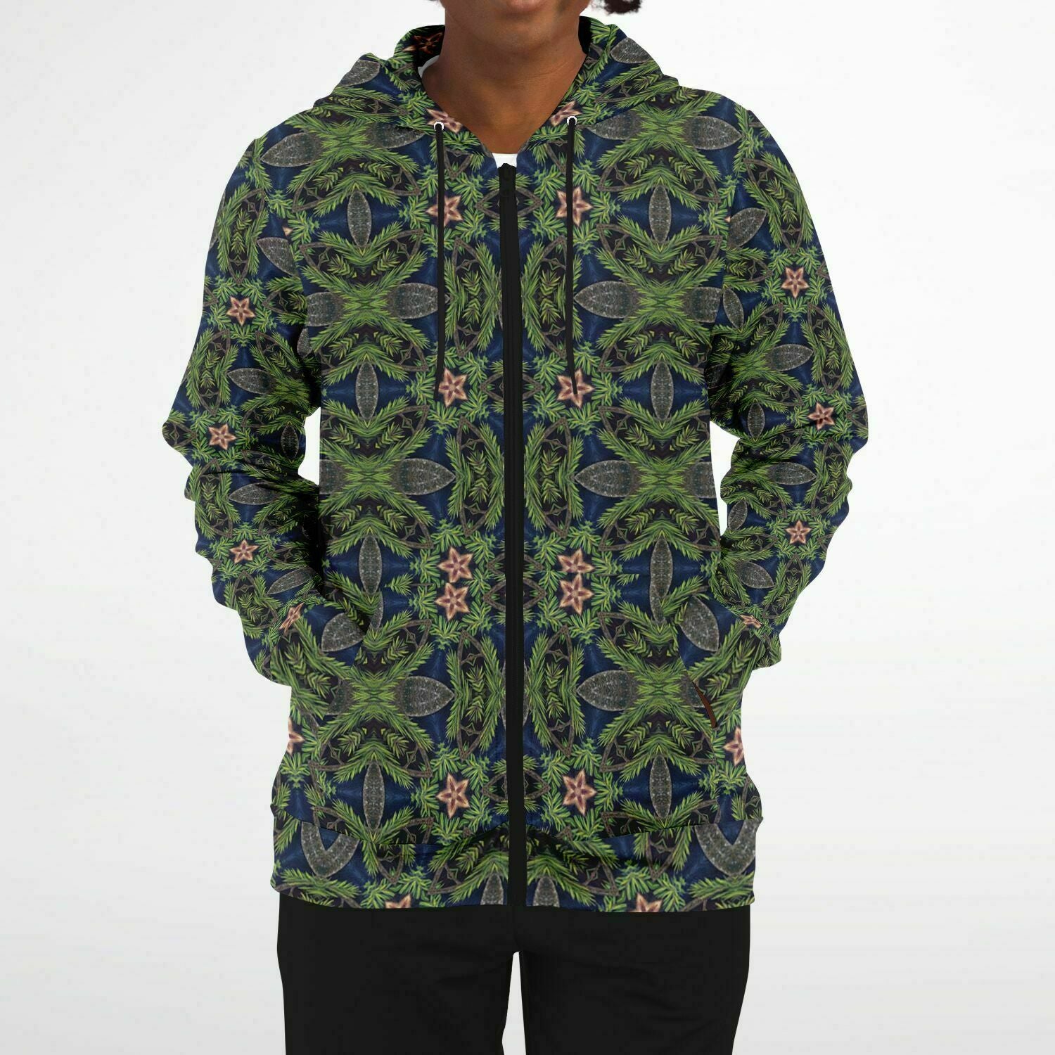 women wearing unisex black fullzip hoodie with forest print