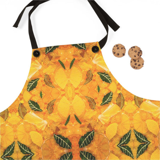 yellow cooking apron with lemon print