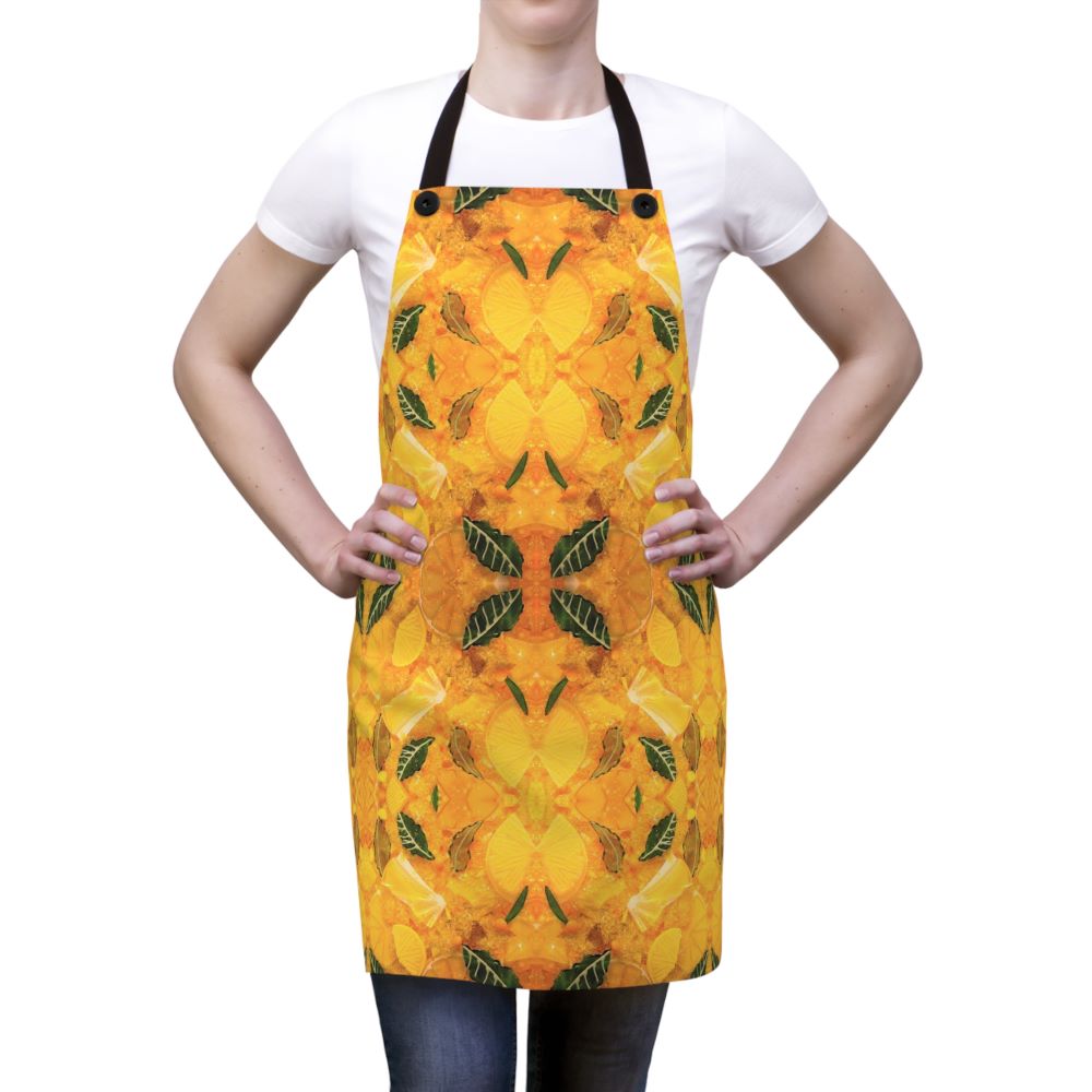 yellow kitchen apron shown on a woman
