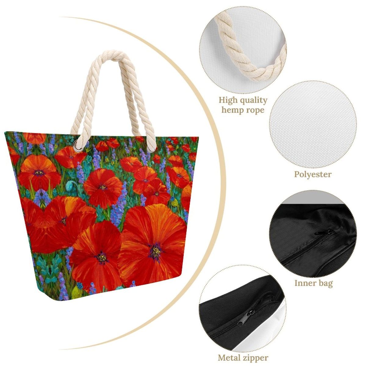zip tote bag with poppy print