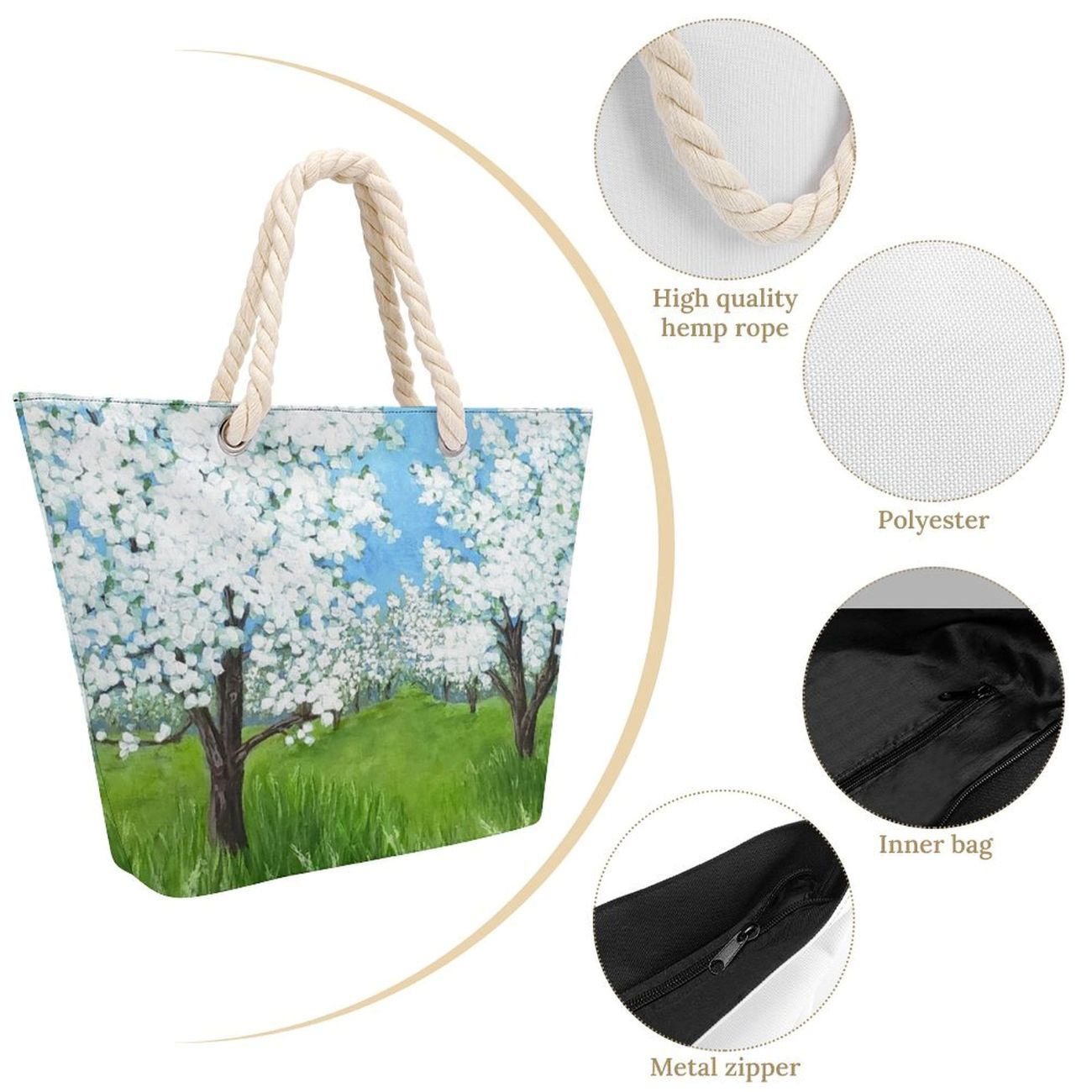 zippered rope handle tote bag