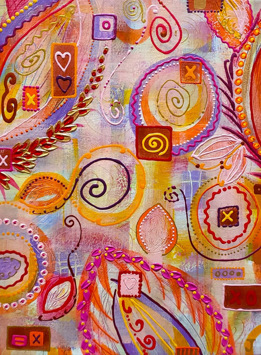 Acrylic Abstract Painting in pinks  oranges and  reds