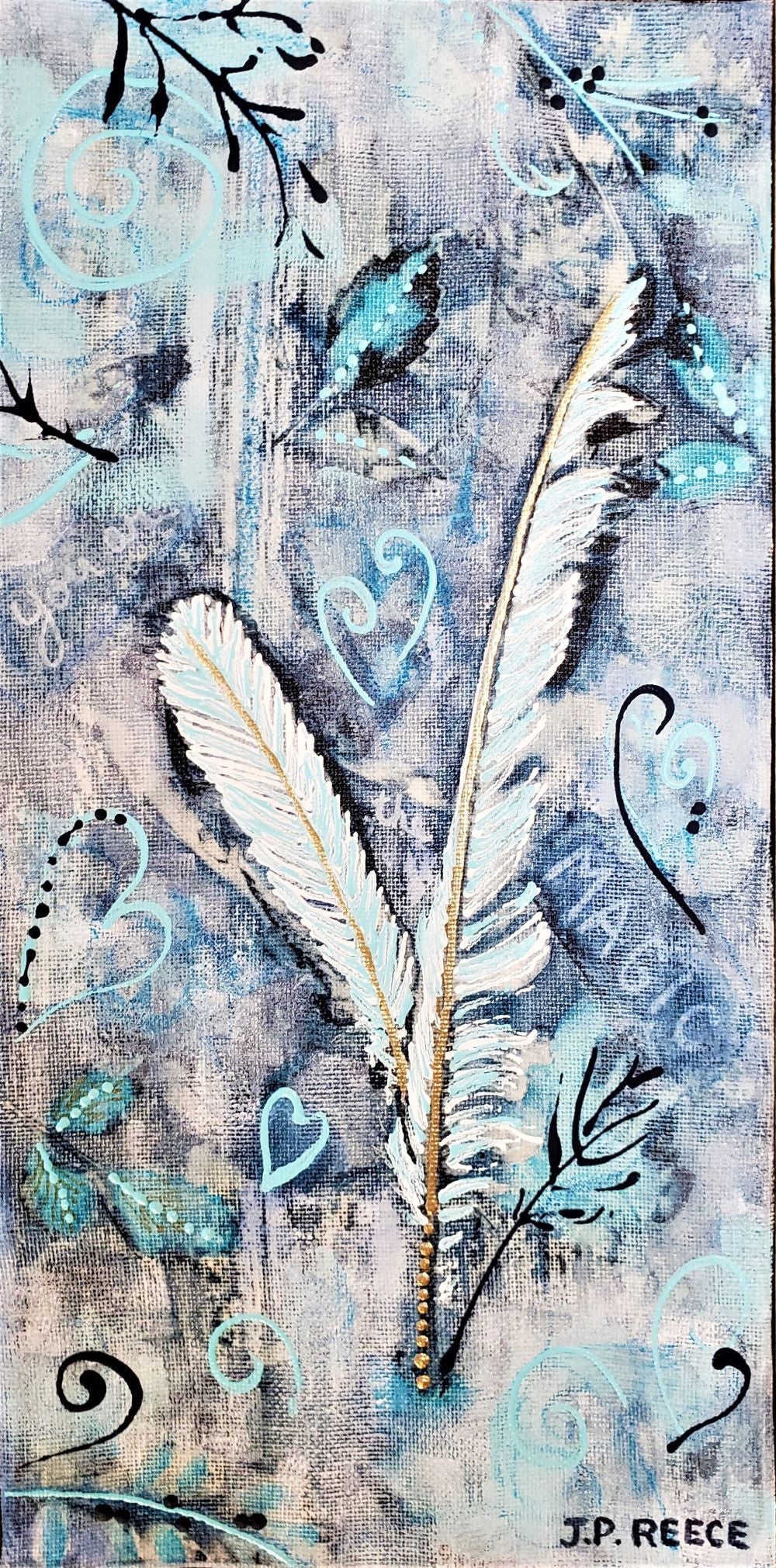 Canvas sunprint painting with feathers on it Called You Are The Magic