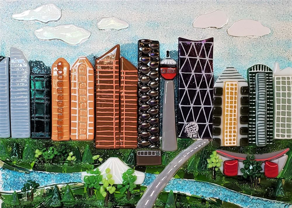 Fused glass calgary city scape close up of front