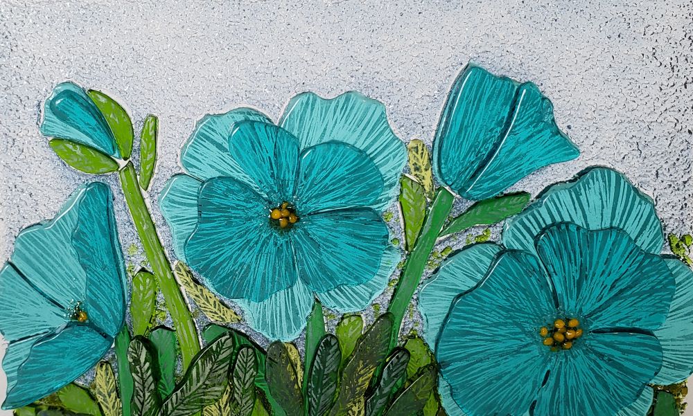 Close up of blue glass himalayan poppies art