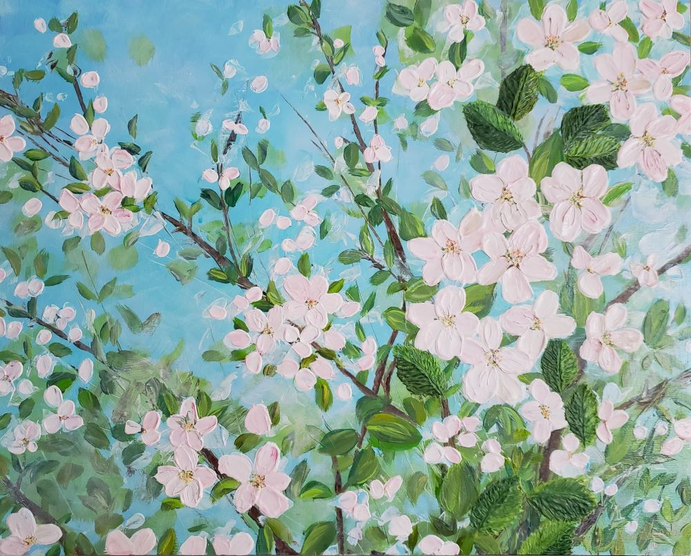 Original artwork apple blossom palette knife painting