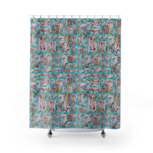 Shower curtain with aqua with pink abstract  designs