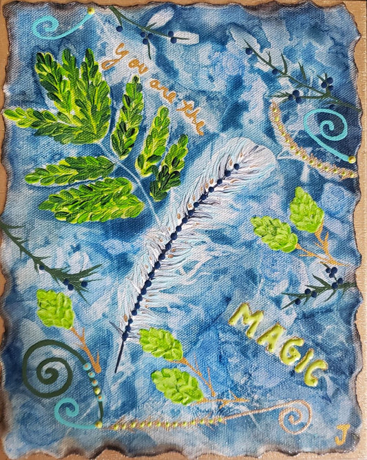 Cyanotype Artwork with feathers and leaves on canvas