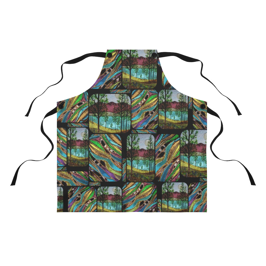 Black apron with purple, aqua and green art pics on it