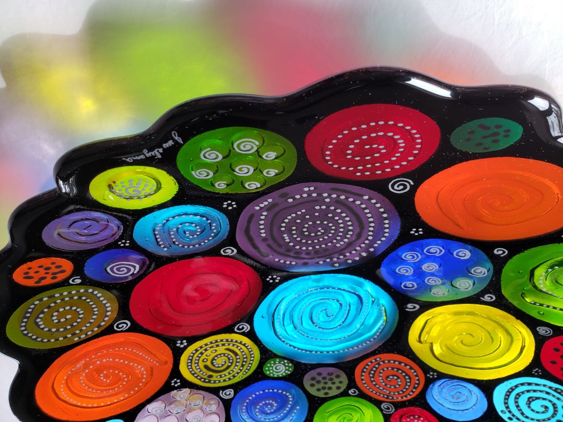 close up of colorful one of a kind artwork decor bowl