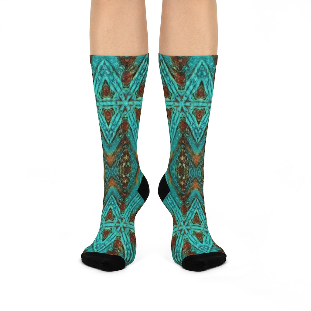 crew socks with fun aqua and amber design