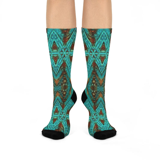 crew socks with fun aqua and amber design