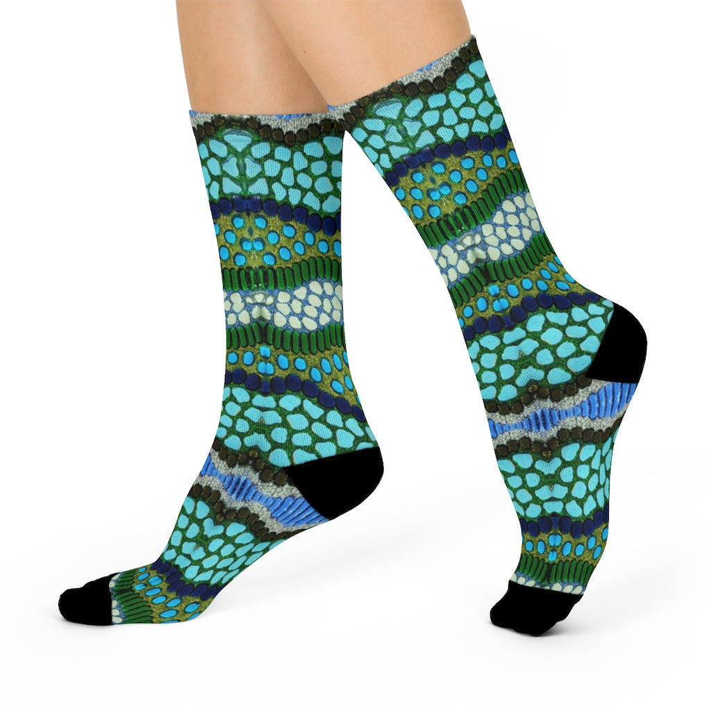 fun blue dress socks side view