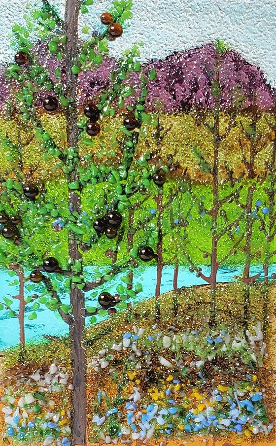 fused glass art close up of larch tree scene
