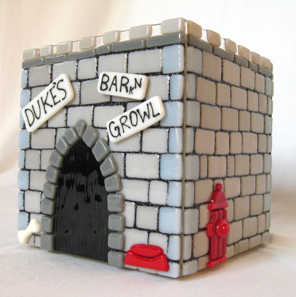 Glass Pet Urn custom made of fused glass. sample pic of Dukes Bark 'n Growl