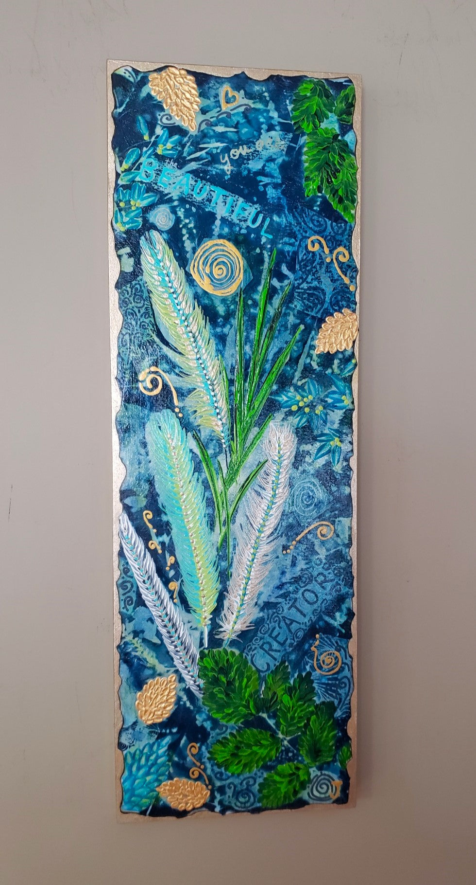 original artwork sunprint mixed media with message you are the beautiful creator written on it