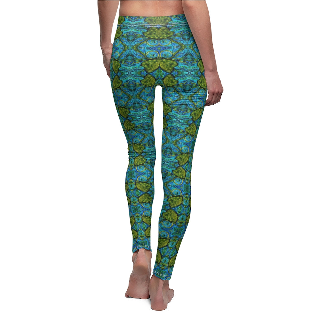 leggings with design of dancing hearts in blue and green back view