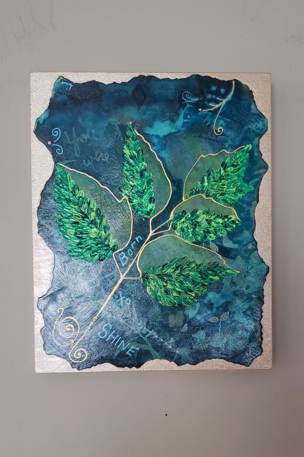 Cyanotype sunprint with message you were born to shine in it