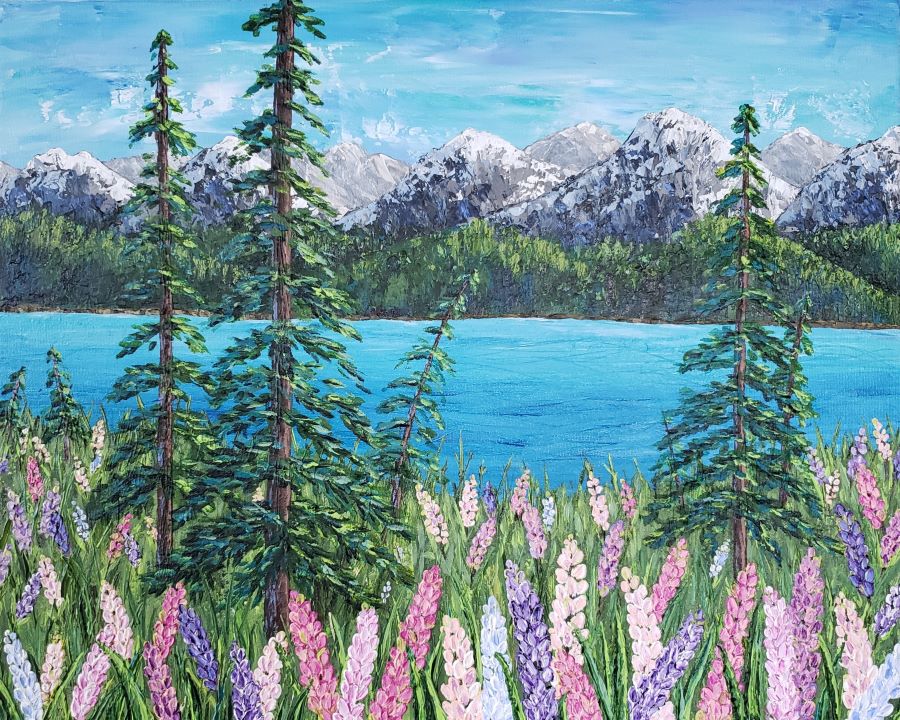 canvas print of mountain lake lupins size 8x10