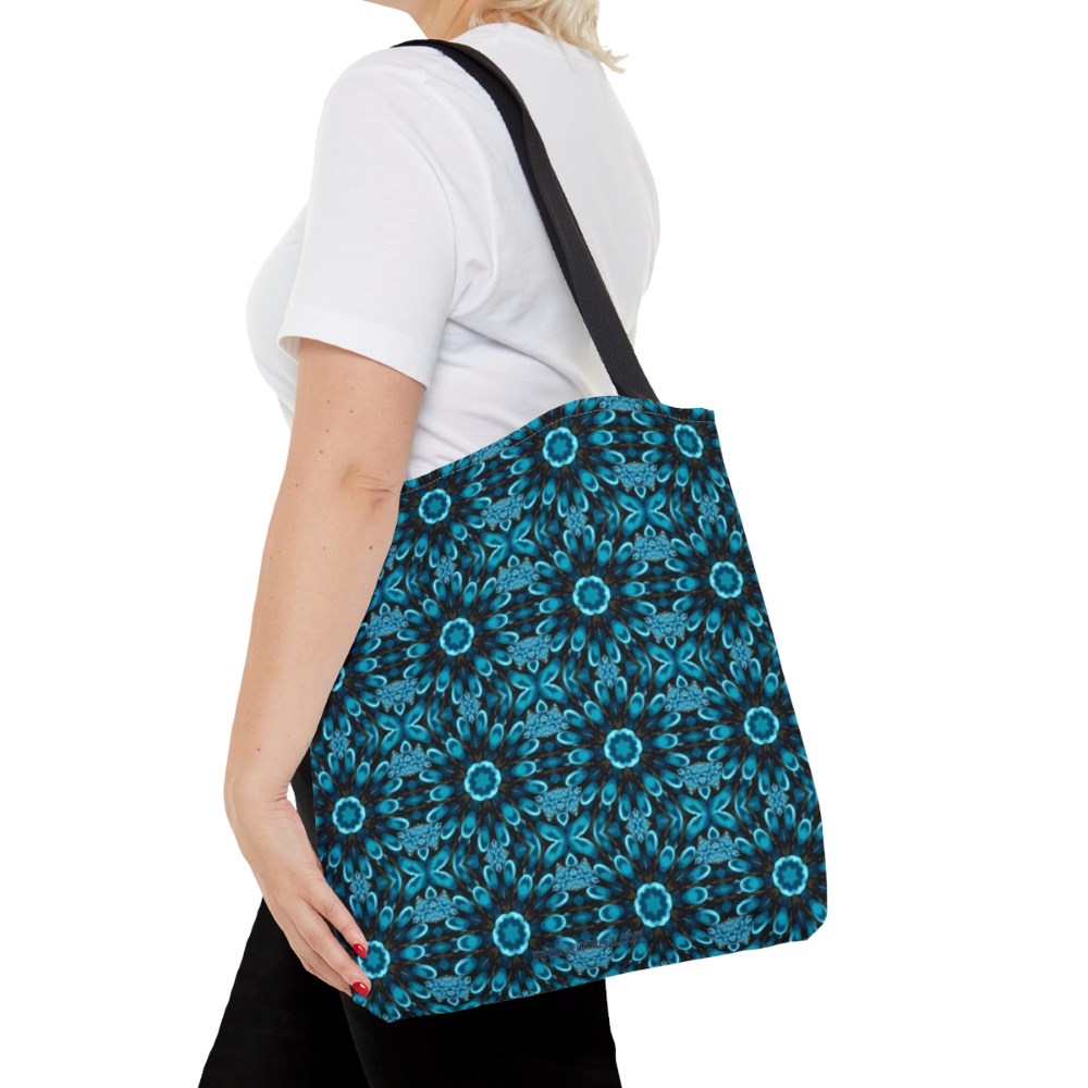 Aqua Belle - A black and blue tote bag with flowers