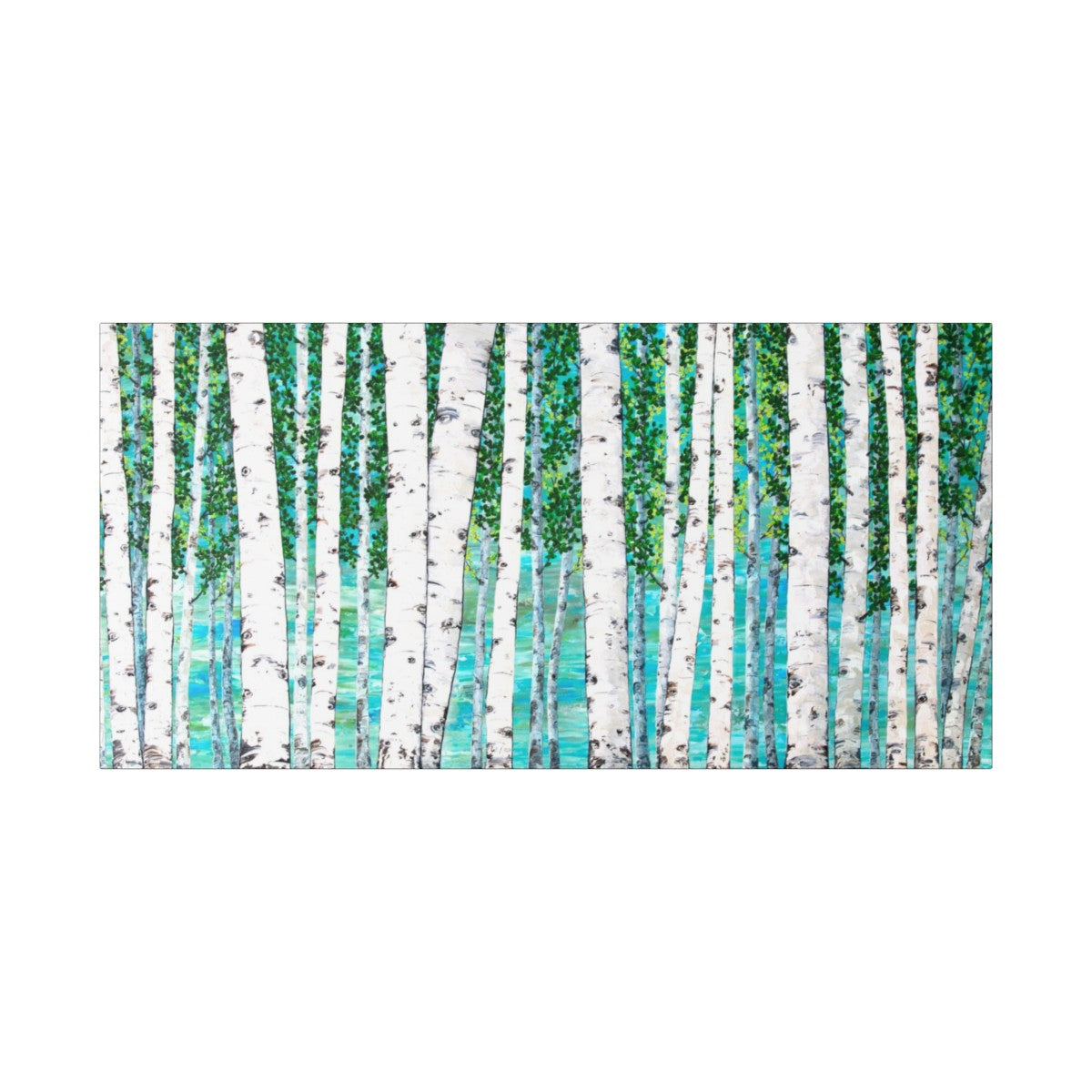 Art print of birch tree painting on an aqua blue background