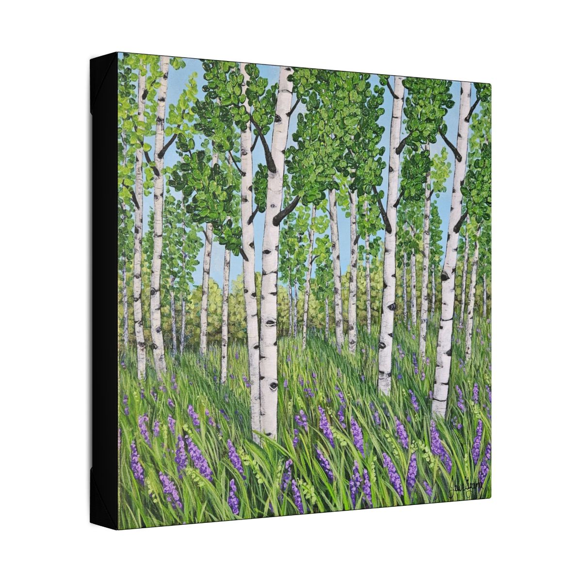 12 inch square Aspen tree painting with purple wildflowers