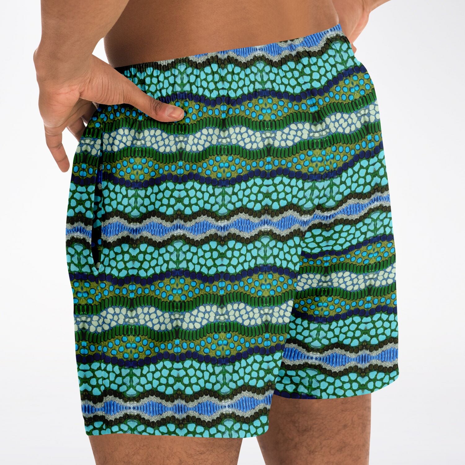back close up view of mens blue lagoon bathing suit