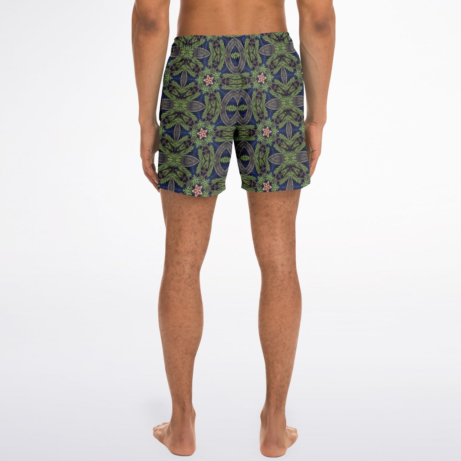 Back view of swimming trunks with black forester design print