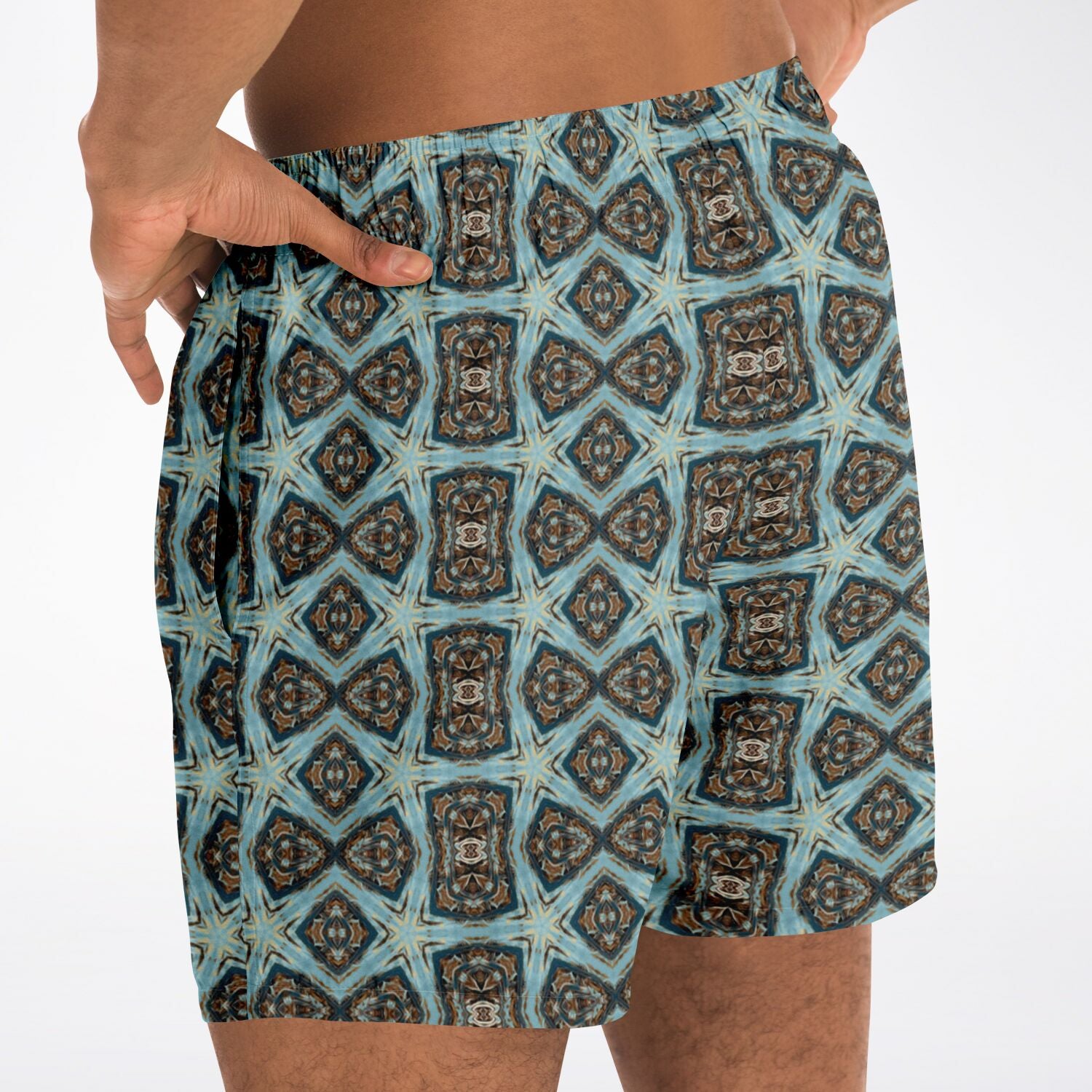Back view of Mens swim trunks in boho blues designer print