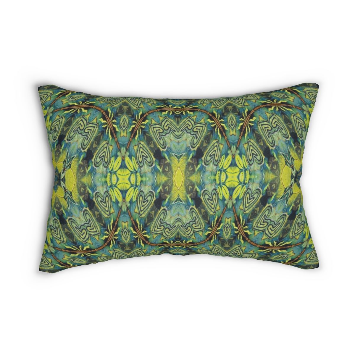 Bali Boho style lumbar pillow in blue green print