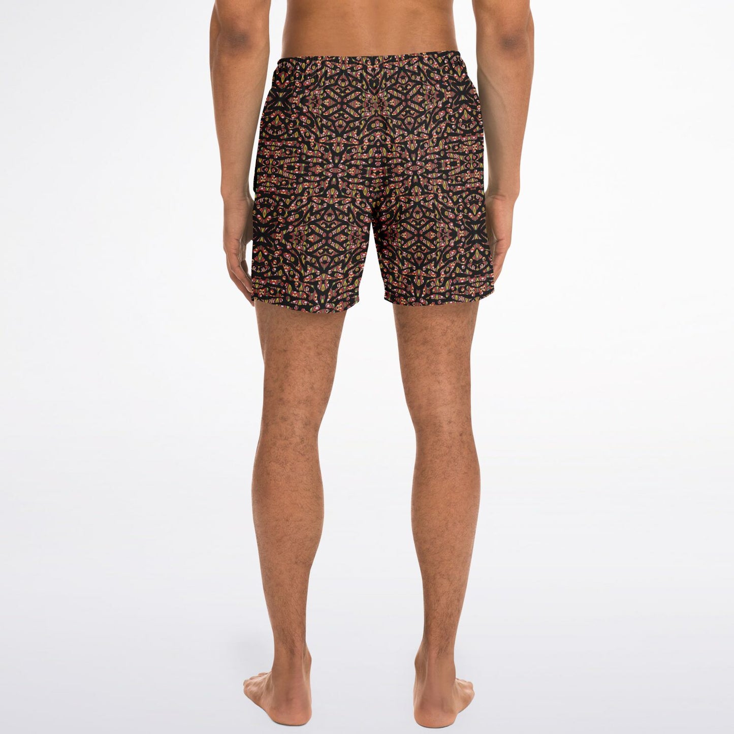 Black swimming trunks for men. Shorts style with a fun pattern printed