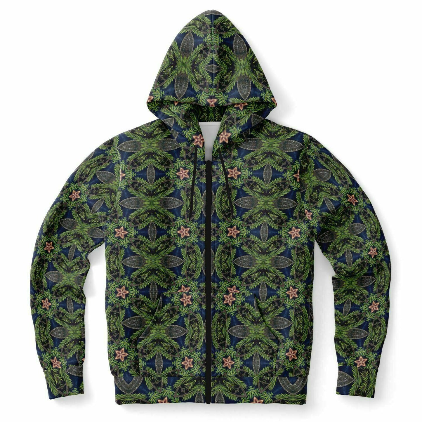 Black fullzip unisex hoodie with a forest print