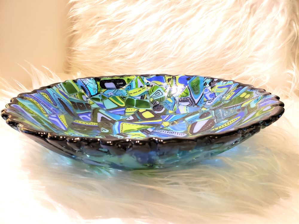 Blue glass decor bowl one of a kind hand made
