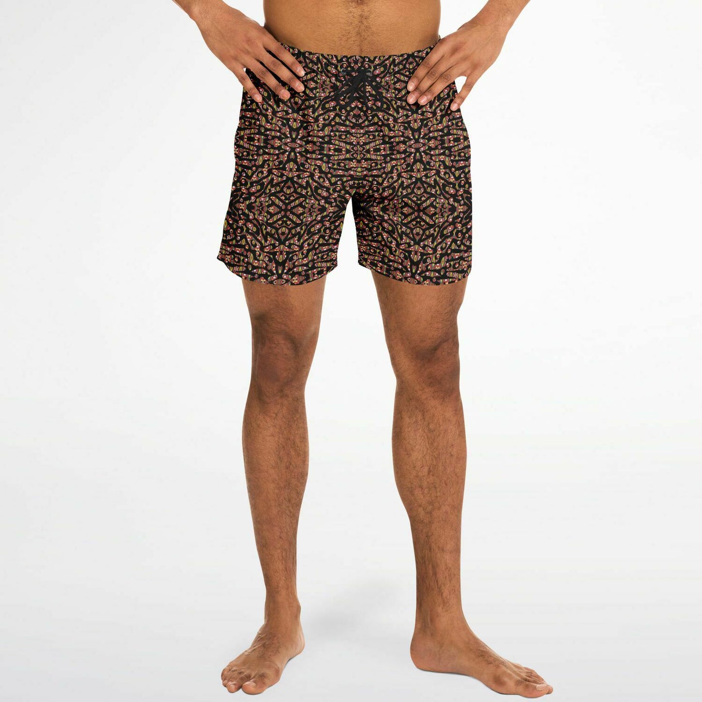 Designer swim shorts with,a black and multi colored print