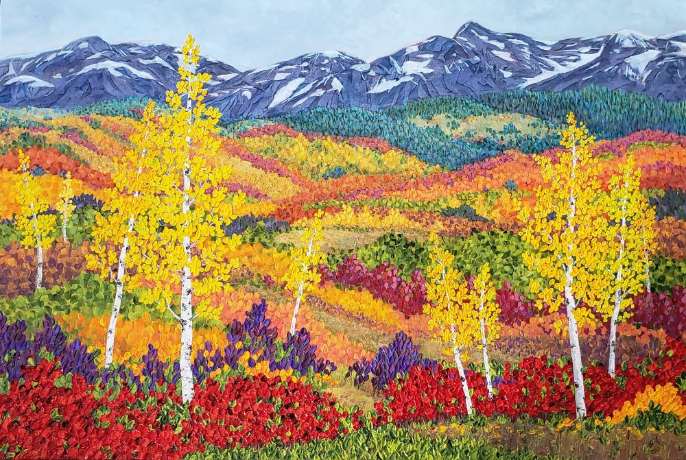 Fall Landscape Painting of mountains with red yellow and orange trees