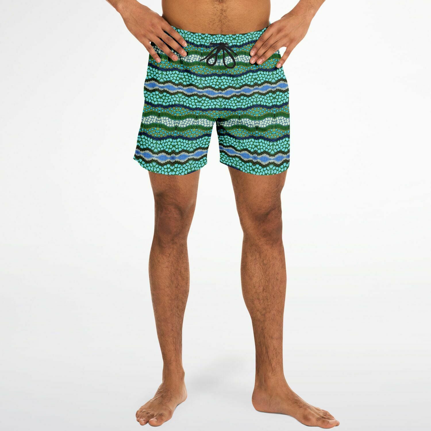 Front  view of mens swimming trunks with blue lagoon print