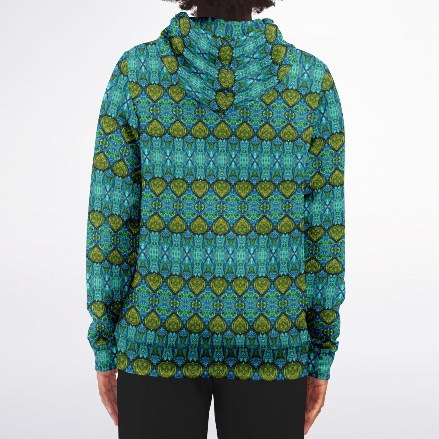 Full zip hoodie in blue and green with heart pattern print