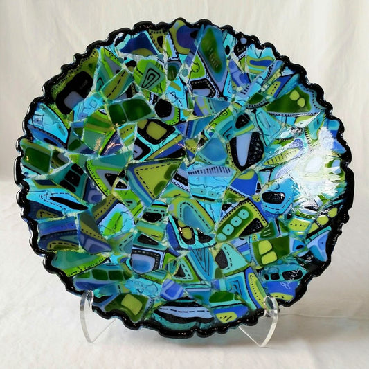 Inimitable Blues a fused glass art decor bowl