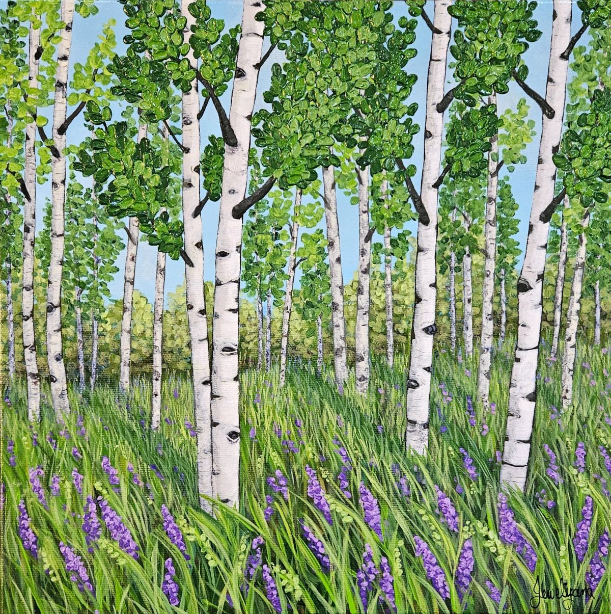 Painting of a forest with birch trees and purple flowers