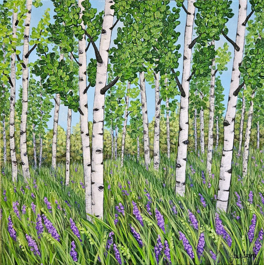 Painting of a forest with birch trees and purple flowers