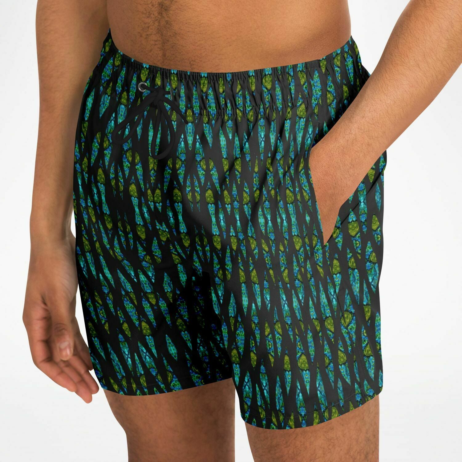 Mens black swim trunks with designer print