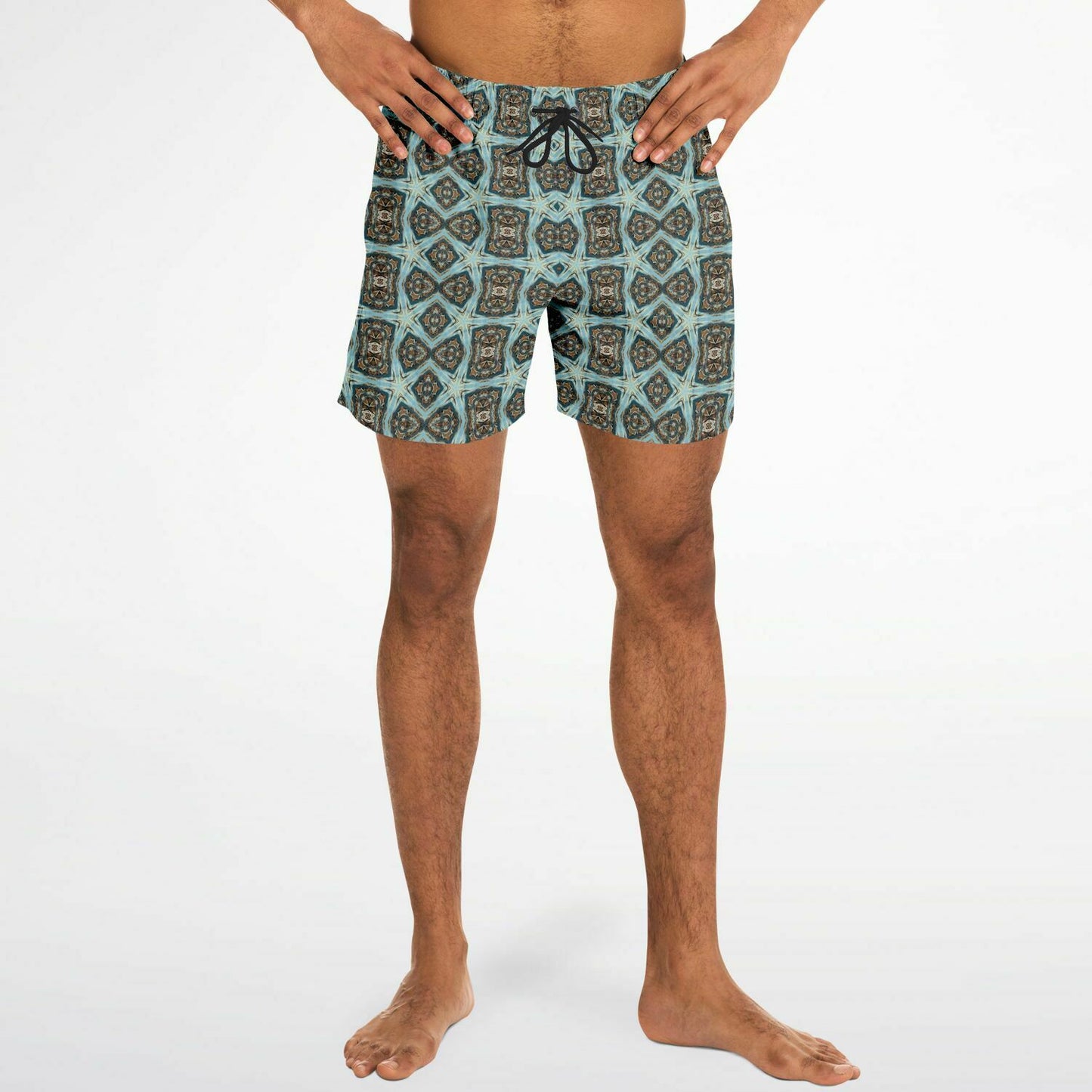 Front view mens blue swim shorts style swim trunks with Boho Blues pattern