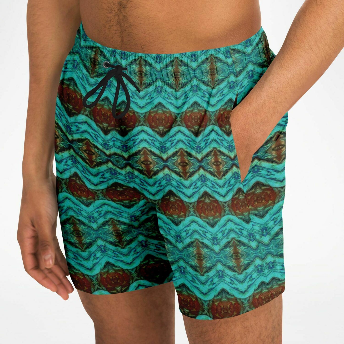 Mens swim shorts with pockets aqua brown pattern