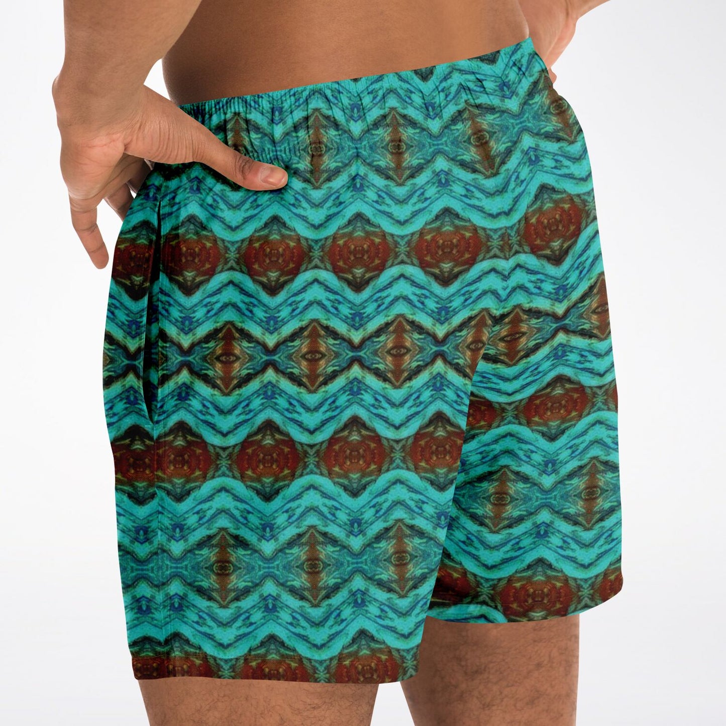 Back view of mens swimming trunks with Cool for the summer blue brown design