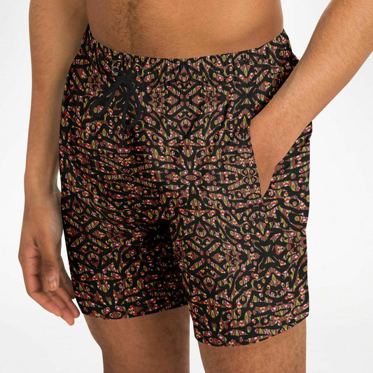 Mens swimming trunks with a designer print on black backgroundn 