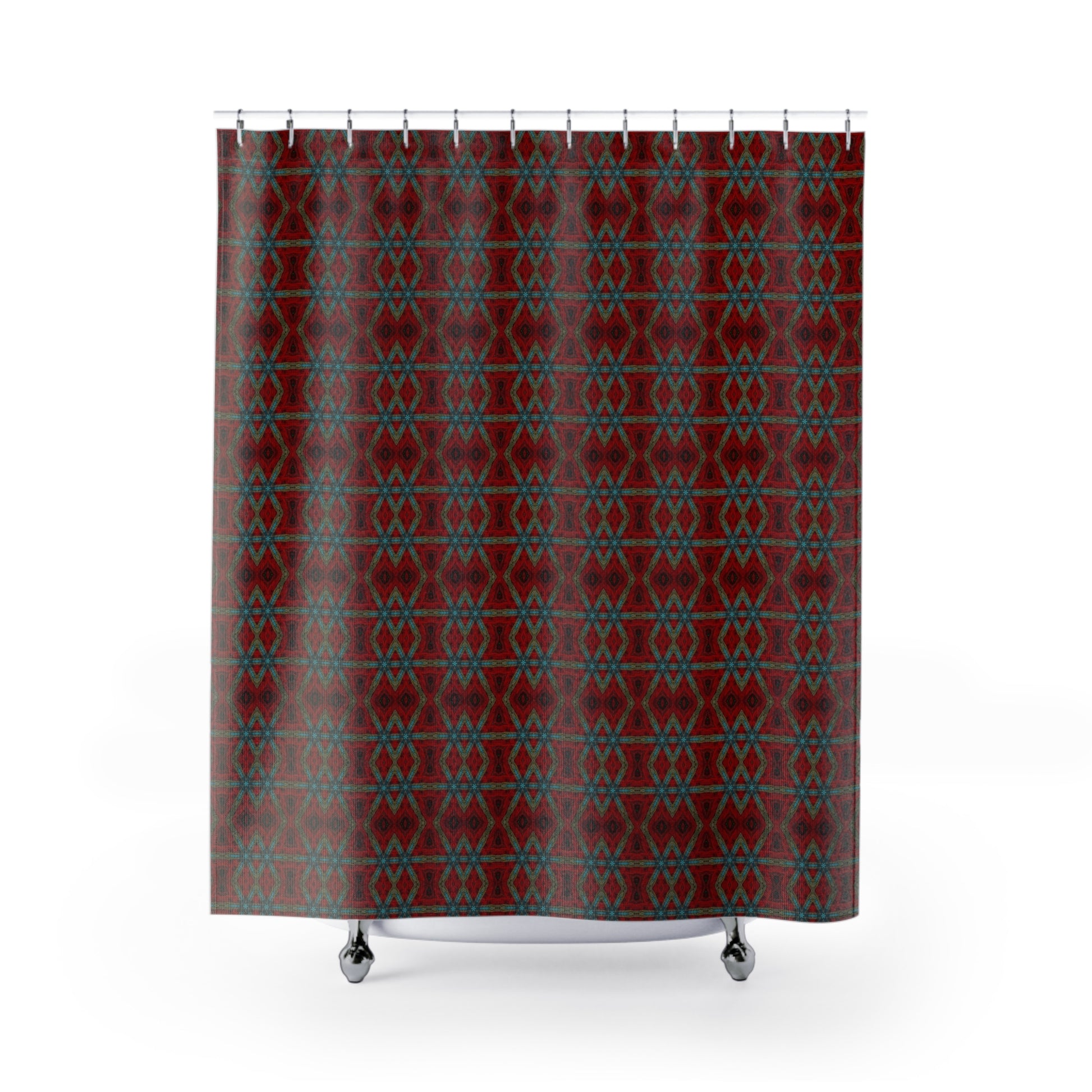 red shower curtain with red abstract design called aztec tartan