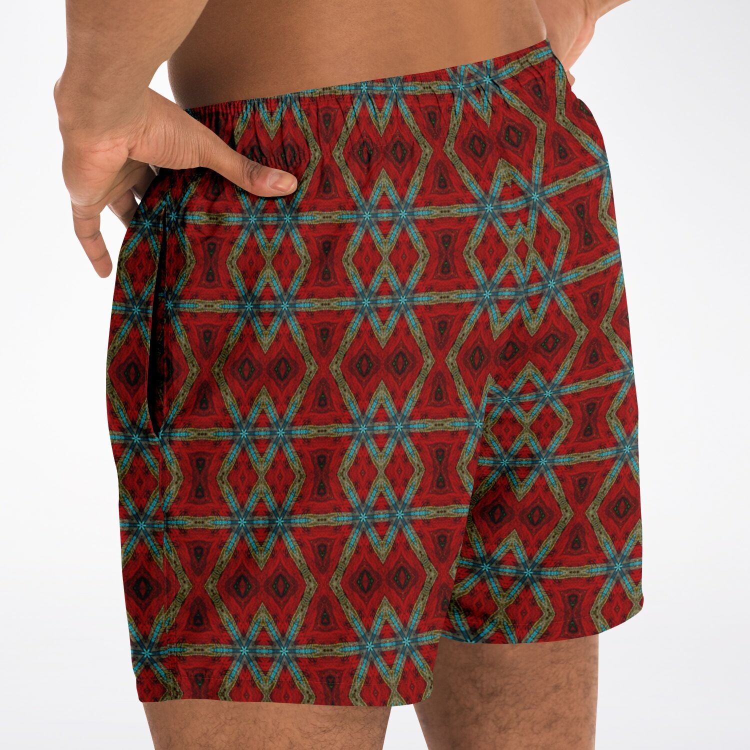 red swim shorts with Aztec Tartan designer print